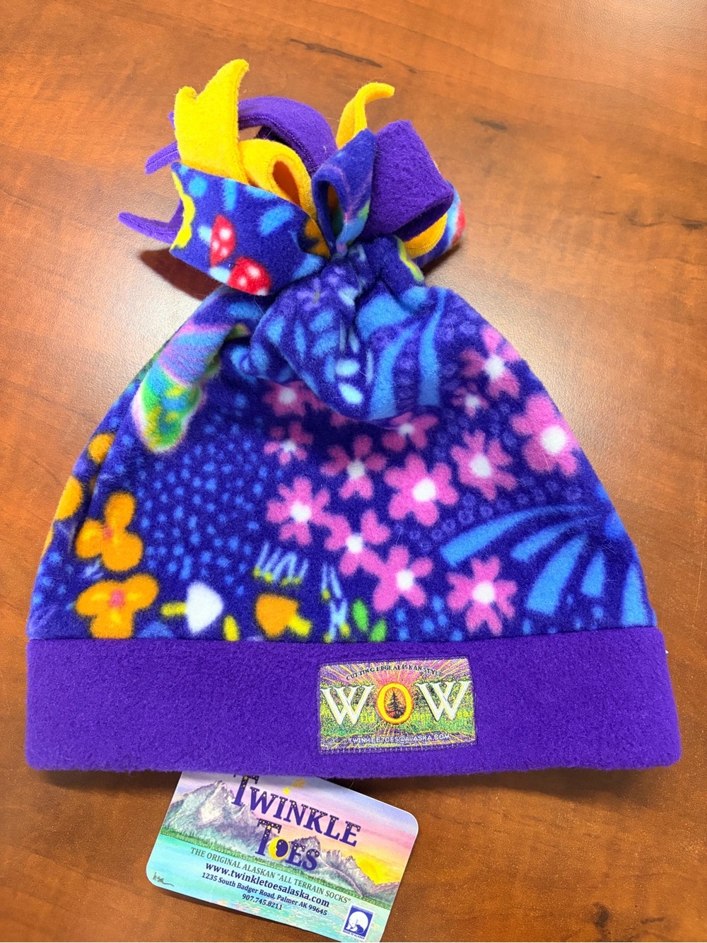 WOW Twinkle Toes Kids Fleece Pom Beanie Hat - Purple Floral (toddler GIRL 2t 3t)
